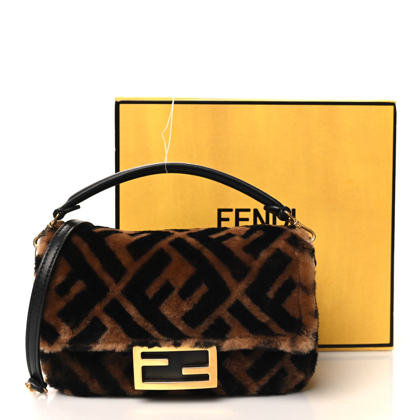 Shearling Vitello Dolce Macro FF 1974 Mini Baguette Tobacco Black