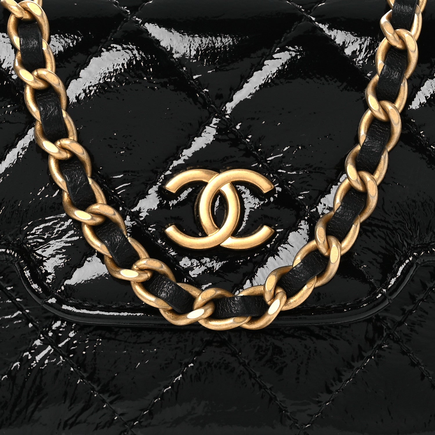 Chanel Crumpled Patent Lambskin Quilted Tassel Clutch With Chain Black 8 of 11