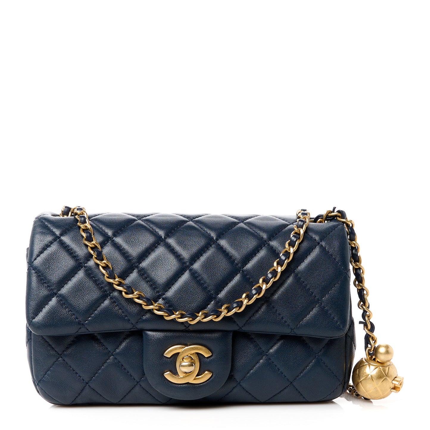 Lambskin Quilted Mini Pearl Crush Rectangular Flap Navy Blue