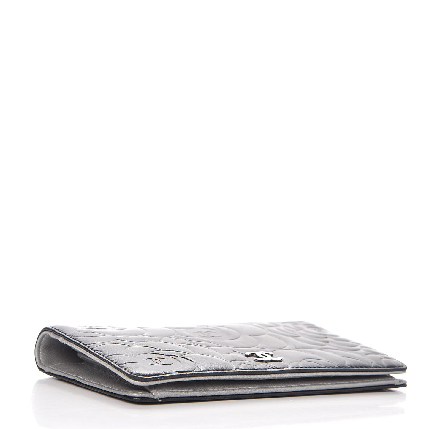 Lambskin Camellia Embossed Yen Wallet Black