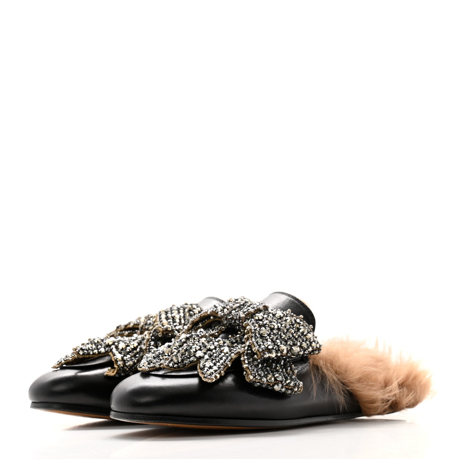 Gucci Malaga Kid Fur Crystal Bow Embroidered Womens Princetown Slippers 37 Black 3 of 7
