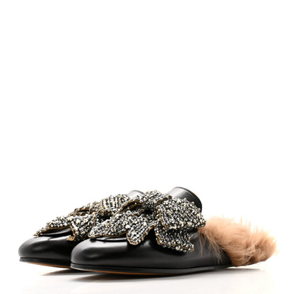 Gucci Malaga Kid Fur Crystal Bow Embroidered Womens Princetown Slippers 37 Black 3 of 7