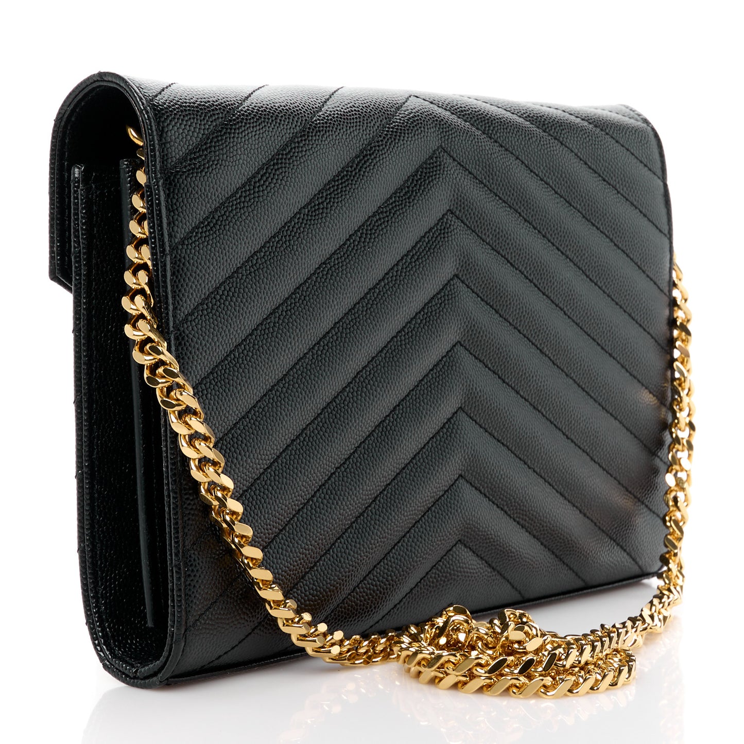 Grain De Poudre Matelasse Chevron Monogram Envelope Chain Wallet Black