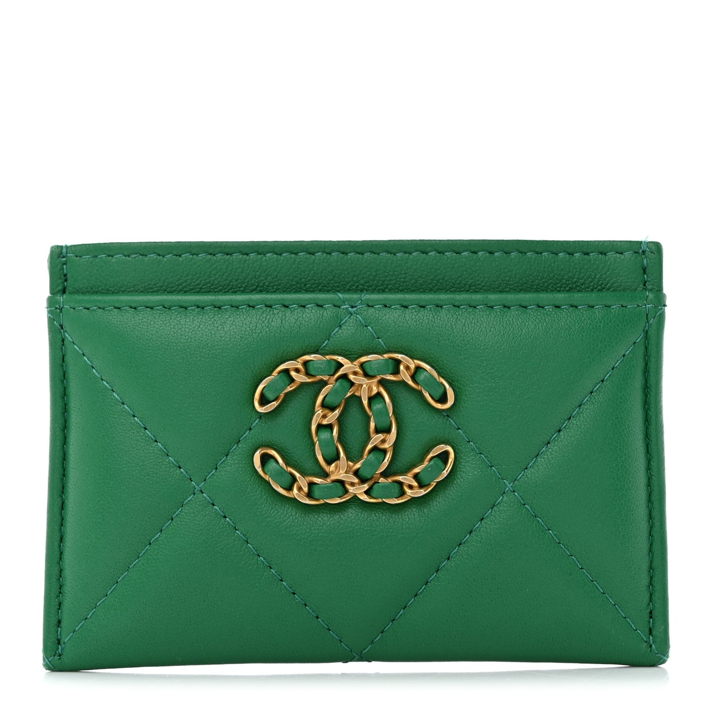 Lambskin Quilted Chanel 19 Card Holder Green