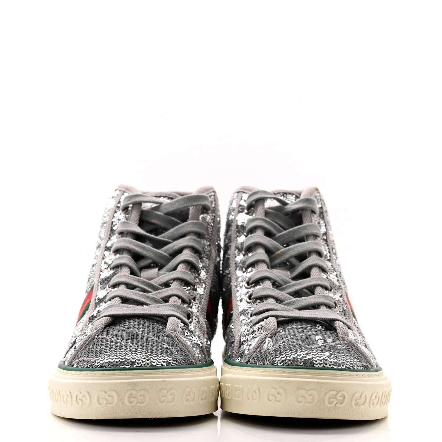 Gucci Sequin Web Matelasse Womens 1977 Tennis High Top Sneakers 37.5 Silver Light Grey 2 of 8