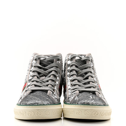 Gucci Sequin Web Matelasse Womens 1977 Tennis High Top Sneakers 37.5 Silver Light Grey 2 of 8