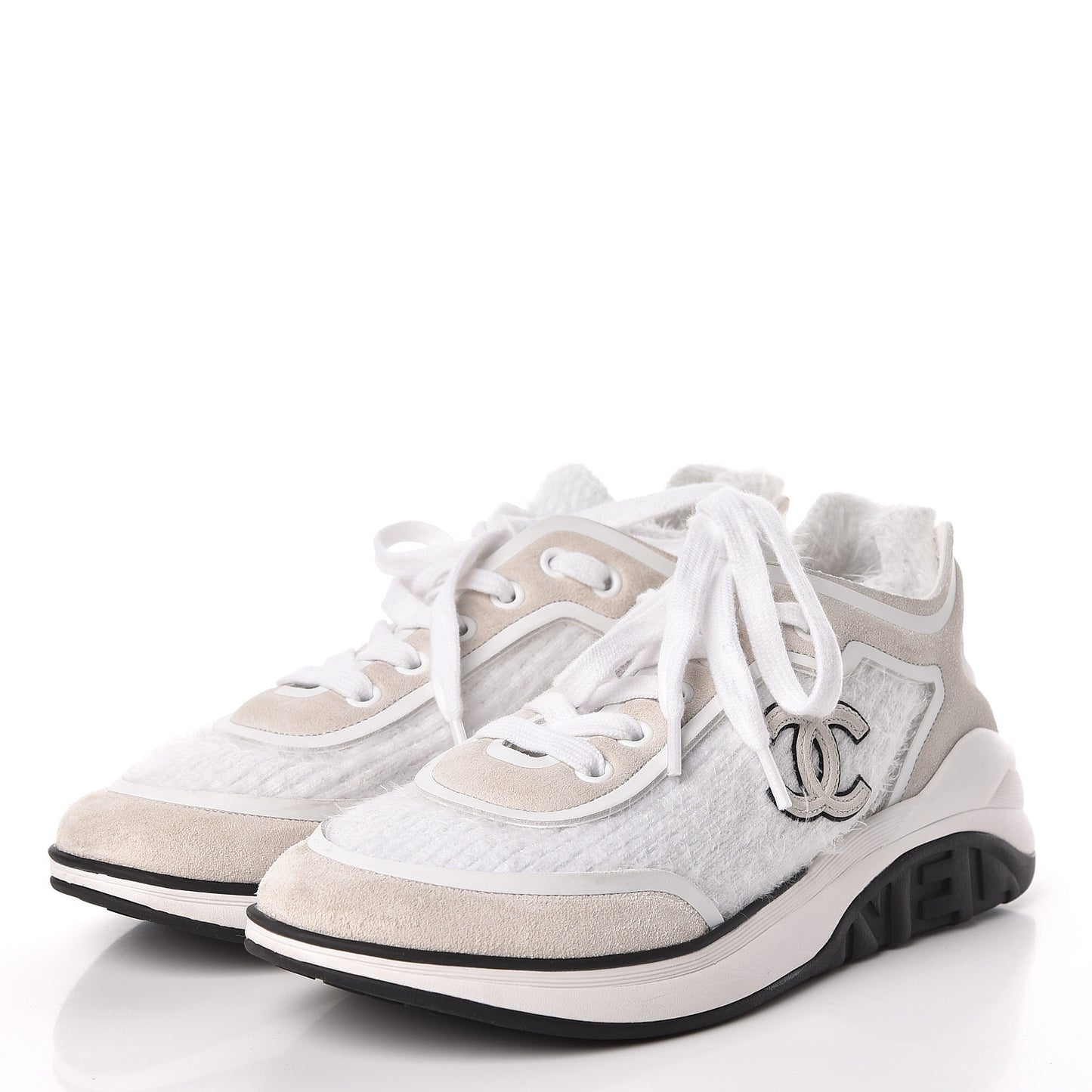 Suede Calfskin Stretch Fabric CC Sneakers 35.5 White