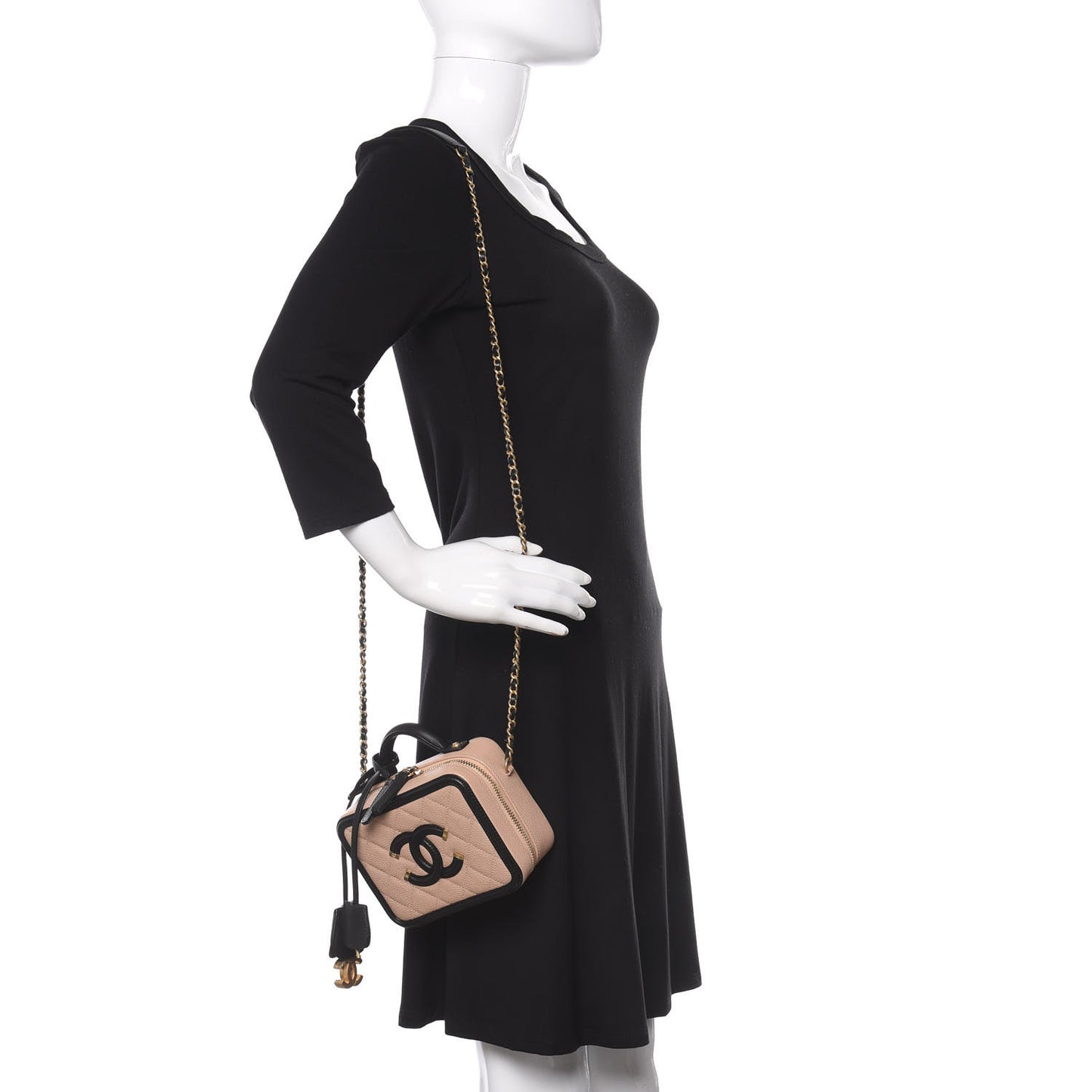 Caviar Quilted Small CC Filigree Vanity Case Beige Black