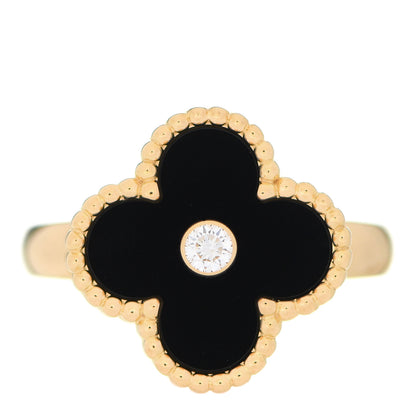 Van Cleef & Arpels 18K Yellow Gold Black Onyx Diamond Vintage Alhambra Ring 51 5.75 1 of 5