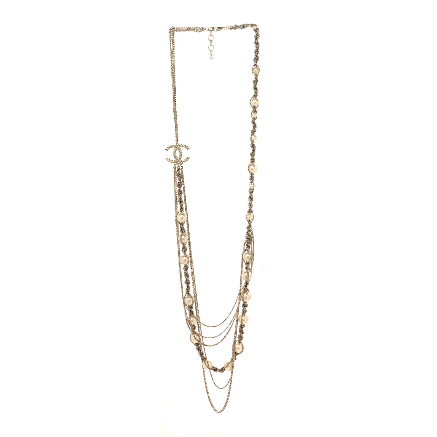 Pearl Multi Chain Braided Crystal CC Long Necklace  Gold