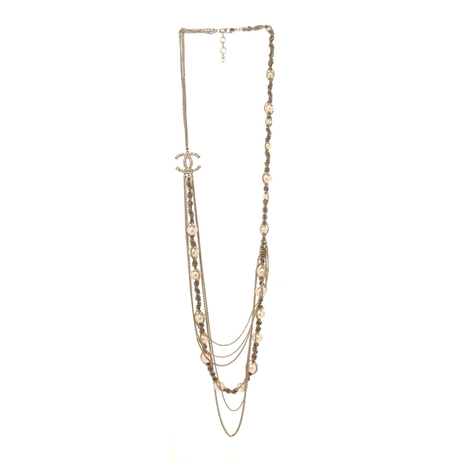 Chanel Pearl Multi Chain Braided Crystal CC Long Necklace  Gold 3 of 5
