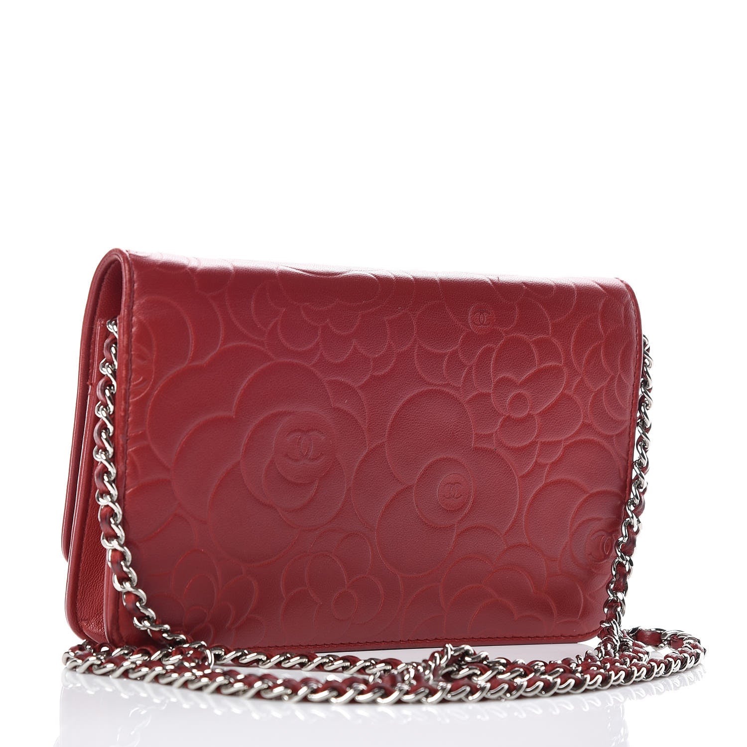 Chanel Lambskin Camellia Embossed Wallet On Chain WOC Red 3 of 19