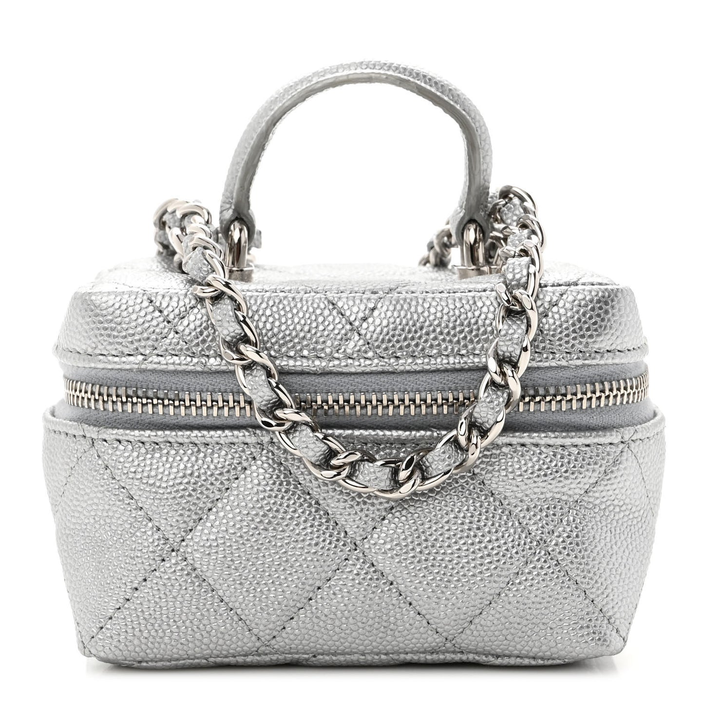 Metallic Caviar Quilted Mini Top Handle Vanity With Chain Silver
