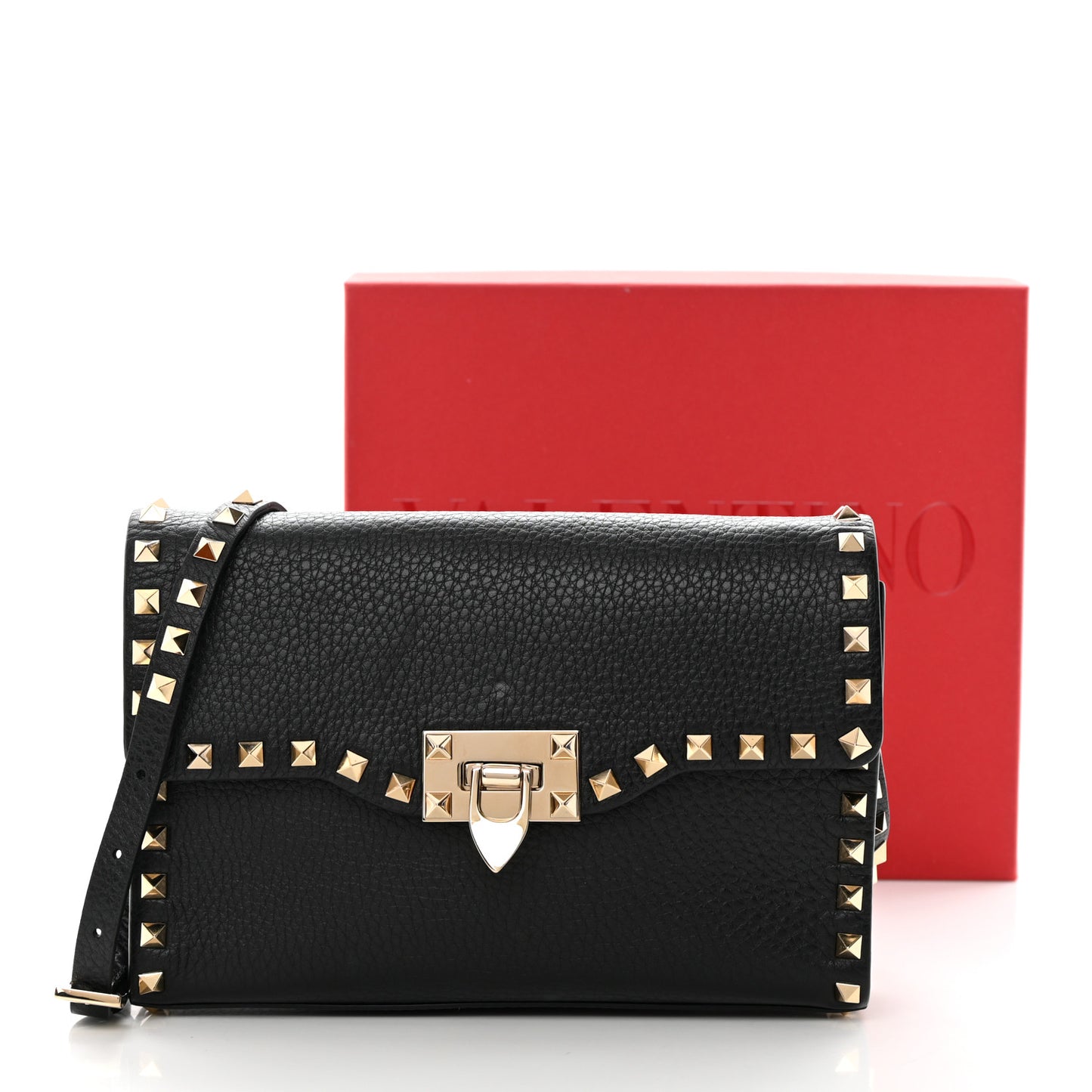 Pebbled Calfskin Medium Rockstud Flip Lock Crossbody Bag Black