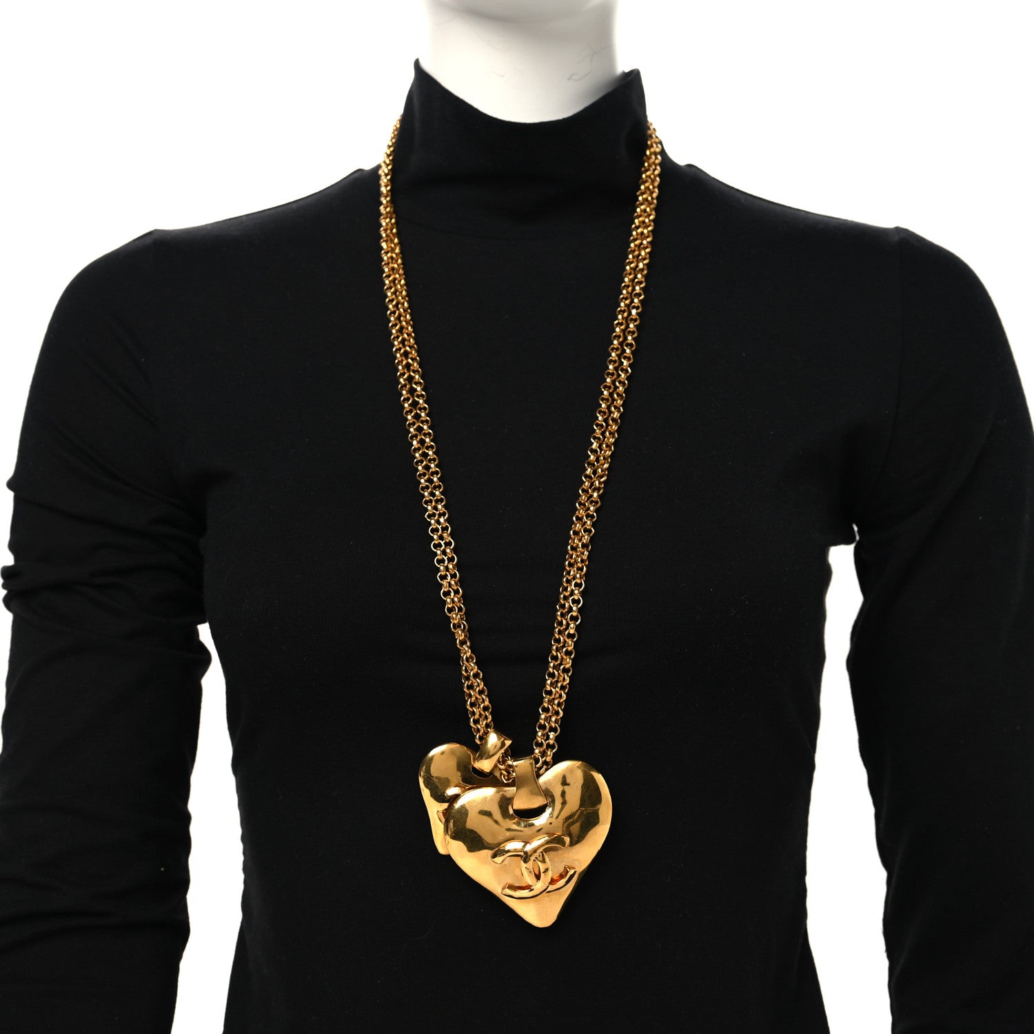 Chanel CC Double Heart Chain Pendant Necklace Gold 2 of 5