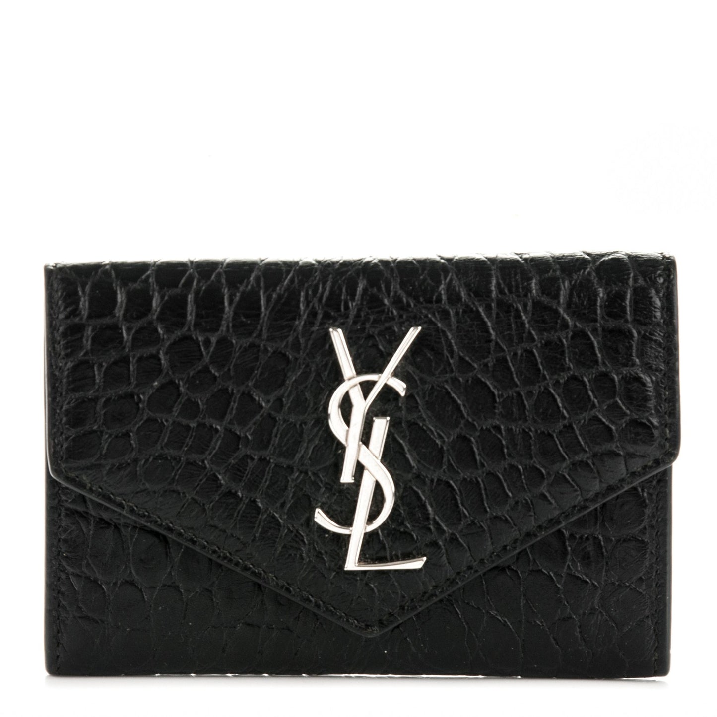 Calfskin Crocodile Embossed Small Monogram Envelope Wallet Black