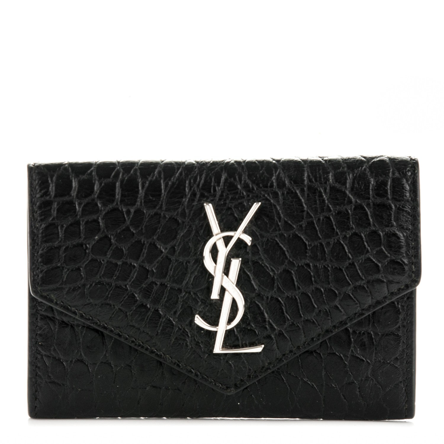 Saint Laurent Calfskin Crocodile Embossed Small Monogram Envelope Wallet Black 1 of 8
