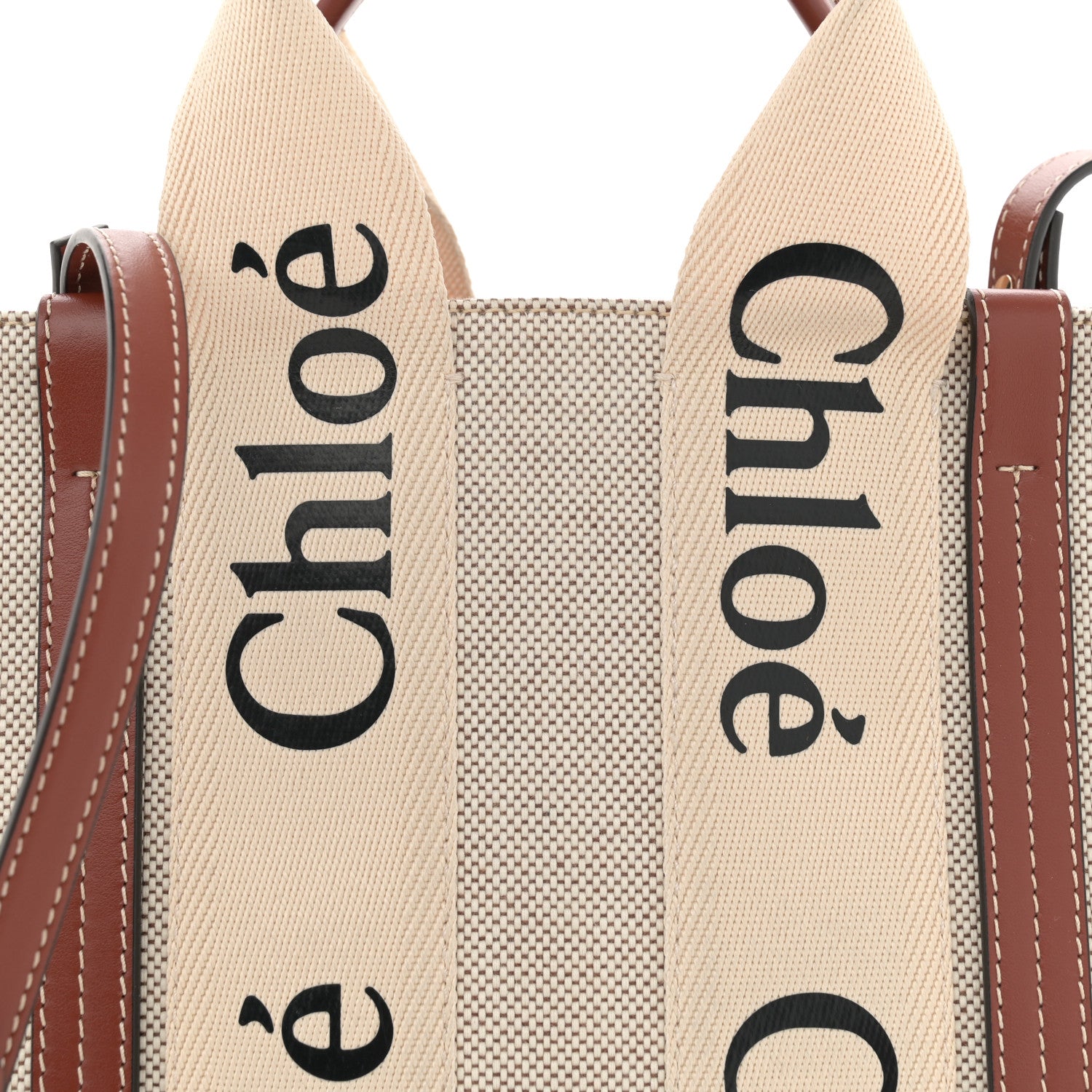 Chloe Cotton Calfskin Small Woody Ribbon Tote With Strap White Brown 8 of 12