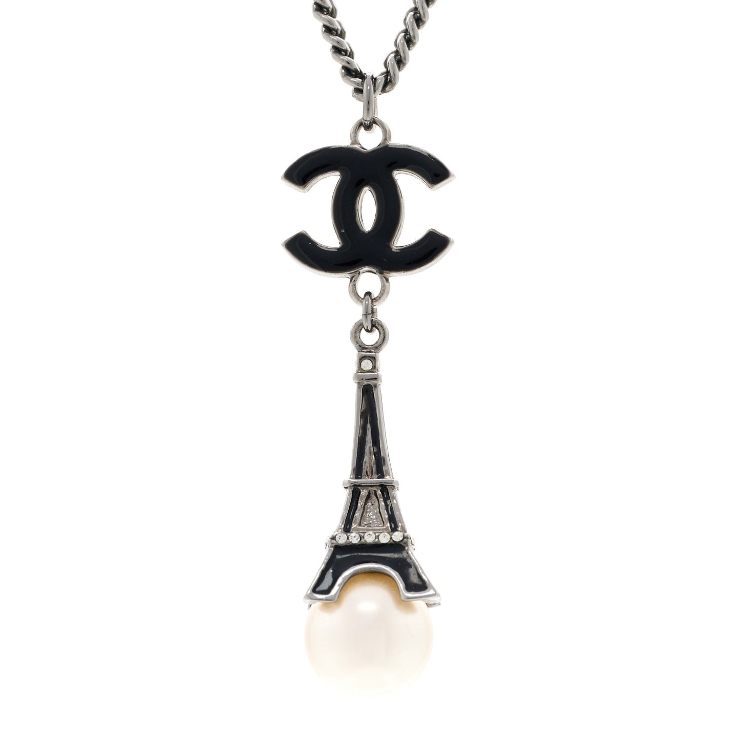 Ruthenium Enamel Pearl Eiffel Tower CC Drop Necklace Black White