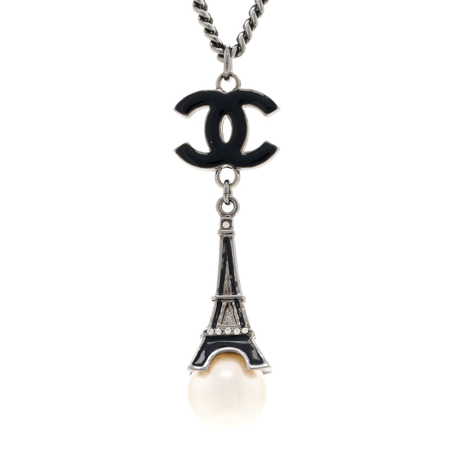 Chanel Ruthenium Enamel Pearl Eiffel Tower CC Drop Necklace Black White 4 of 7