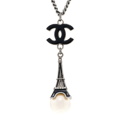 Chanel Ruthenium Enamel Pearl Eiffel Tower CC Drop Necklace Black White 4 of 7
