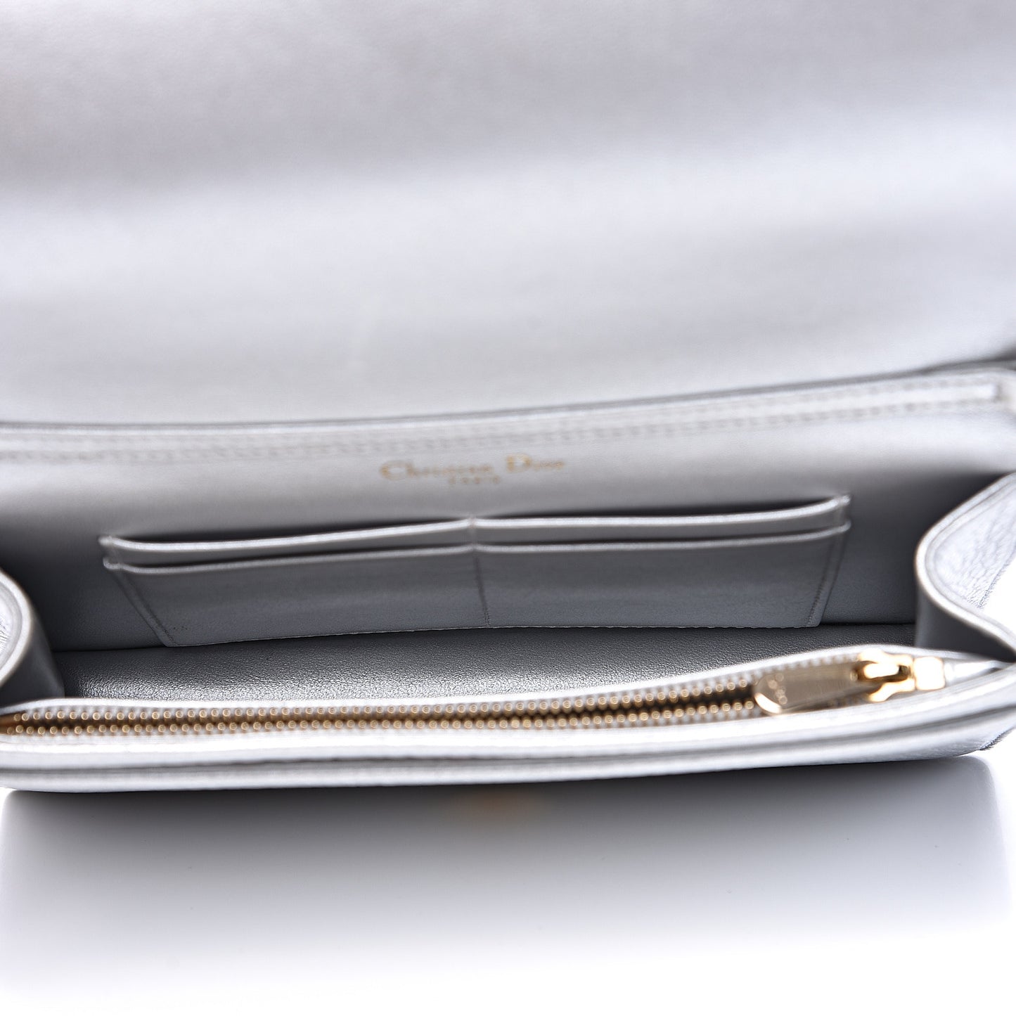Metallic Grained Calfskin Diorama Wallet on Chain Pouch Silver