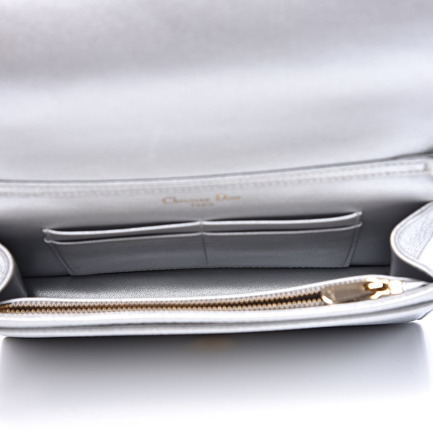 Christian Dior Metallic Grained Calfskin Diorama Wallet on Chain Pouch Silver 5 of 15