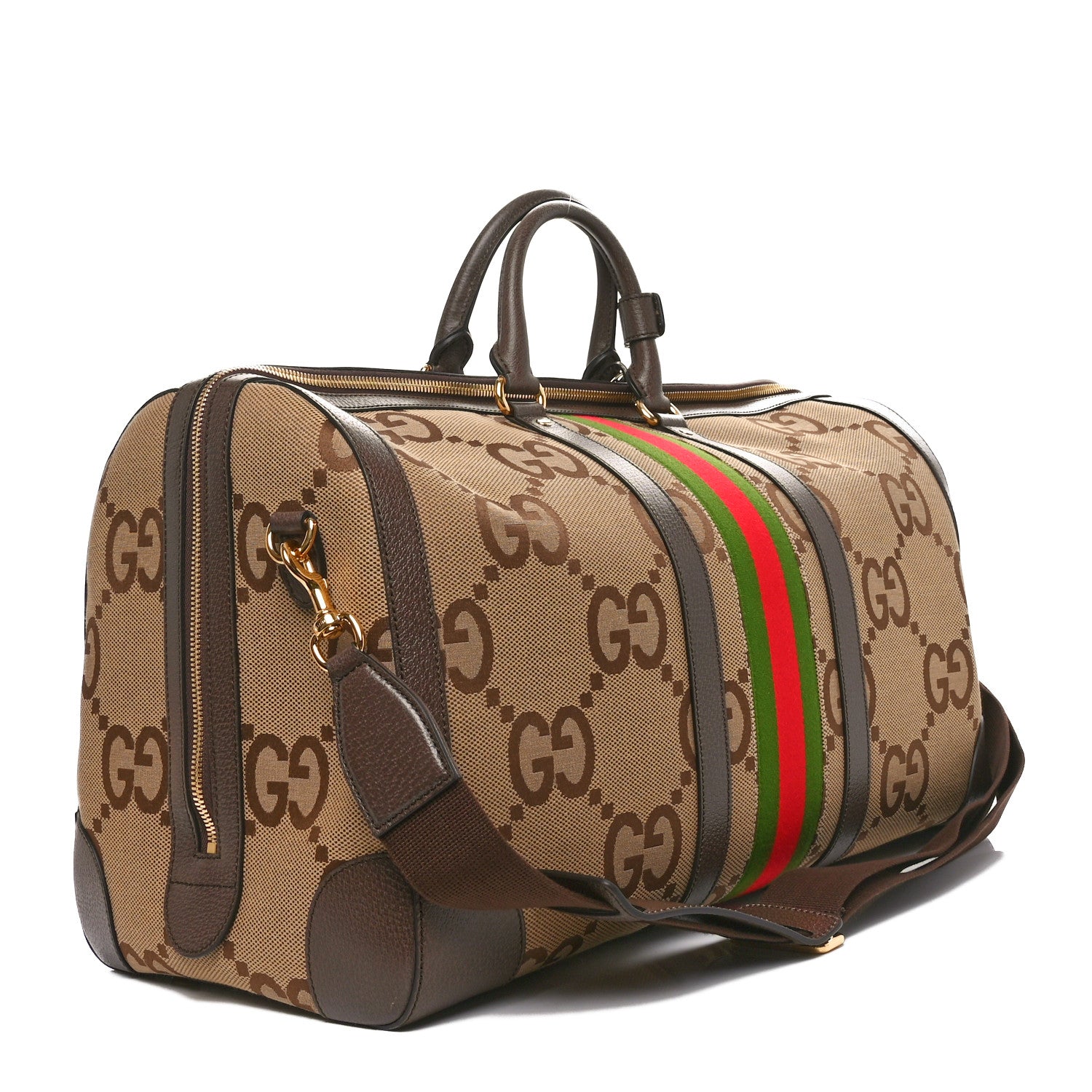 Gucci Monogram Jumbo GG Textured Dollar Calfskin Web Large Duffle Bag Camel Ebony 2 of 9