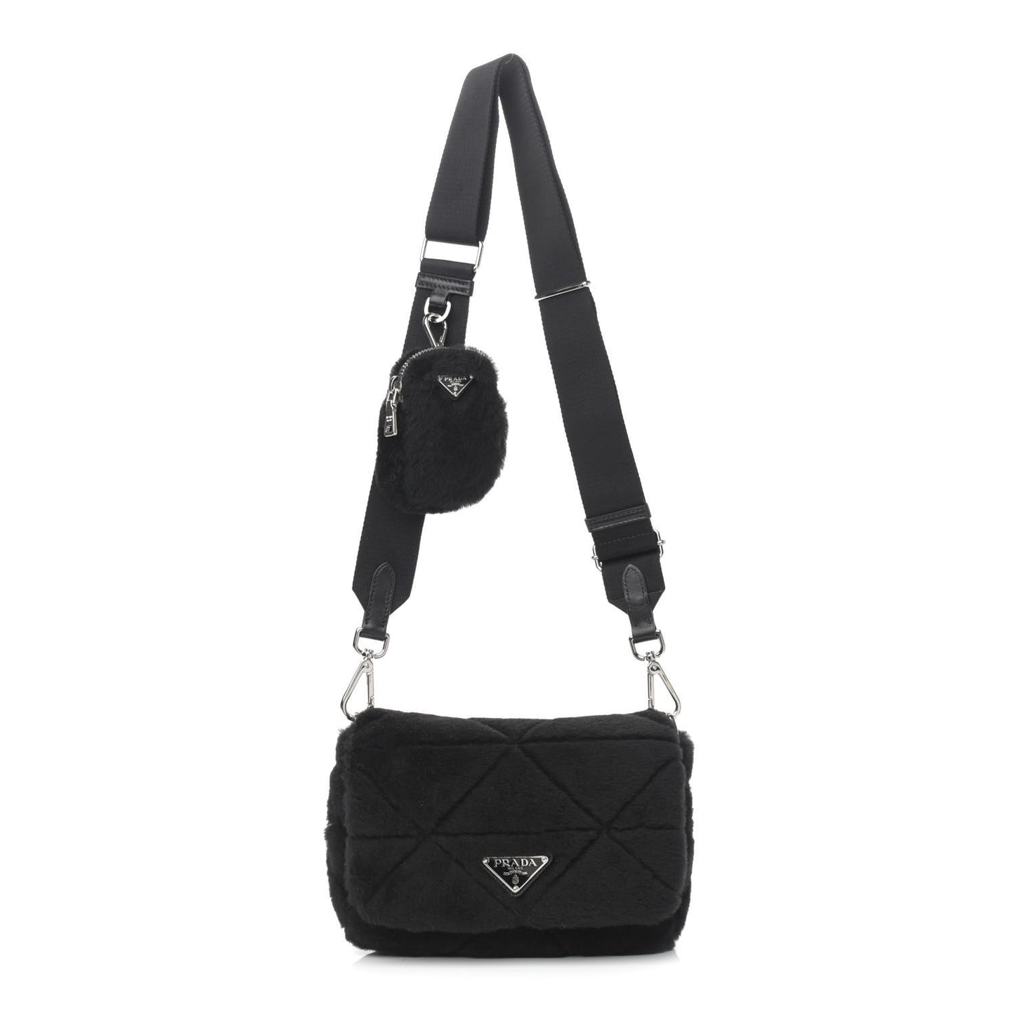 Shearling Nappa Triangle Quilted Patchwork System Flap Shoulder Bag Black