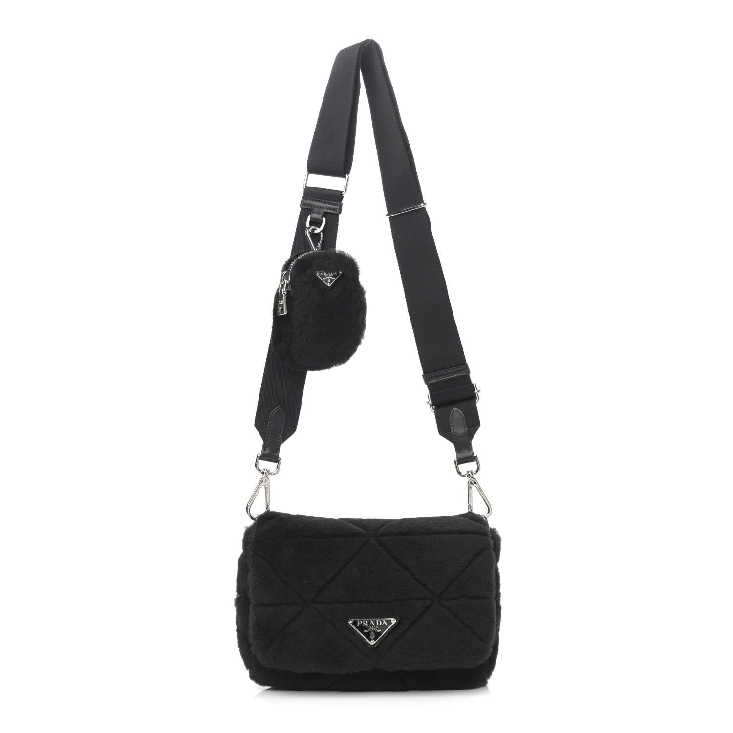 Prada Shearling Nappa Triangle Quilted Patchwork System Flap Shoulder Bag Black 1 of 11