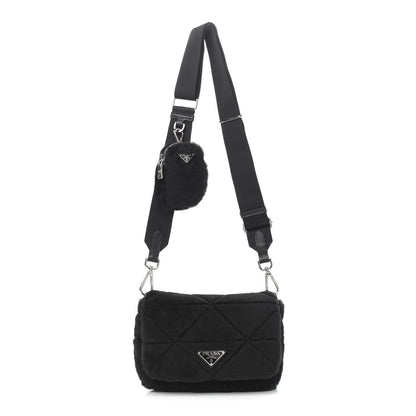 Prada Shearling Nappa Triangle Quilted Patchwork System Flap Shoulder Bag Black 1 of 11