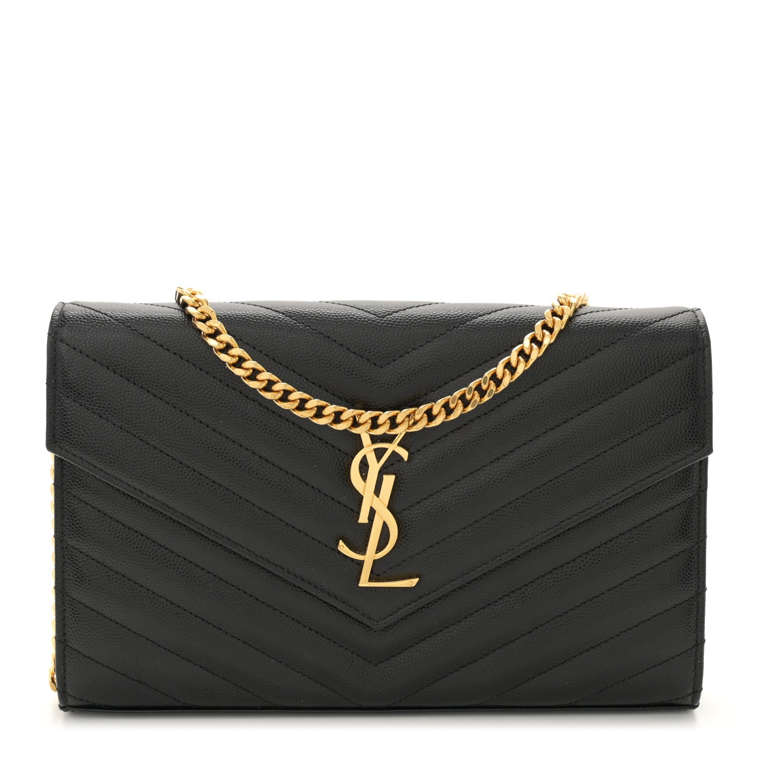 Saint Laurent Grain De Poudre Matelasse Chevron Monogram Chain Wallet Black 1 of 12