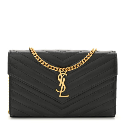 Saint Laurent Grain De Poudre Matelasse Chevron Monogram Chain Wallet Black 1 of 12