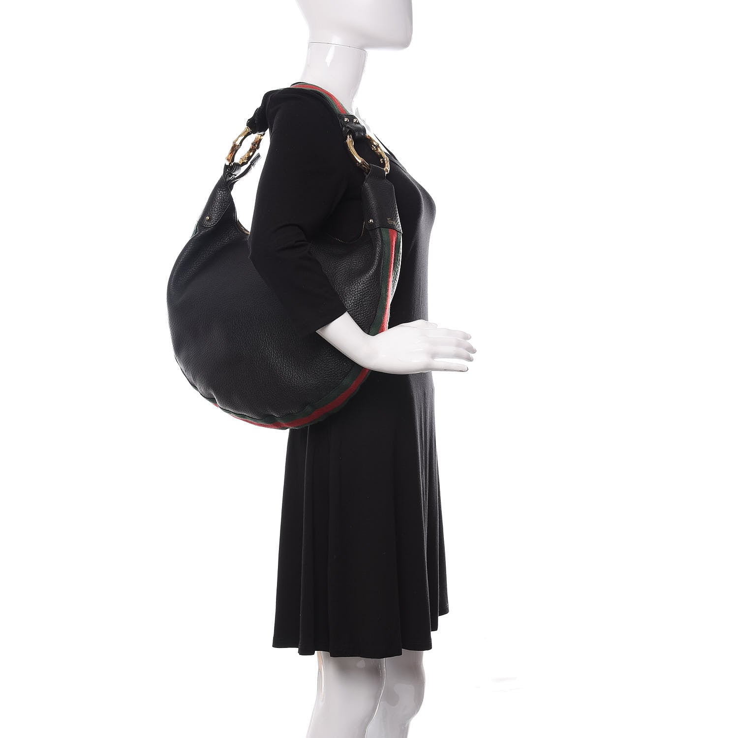 Gucci Pebbled Calfskin Web Bamboo Ring Hobo Black 2 of 11