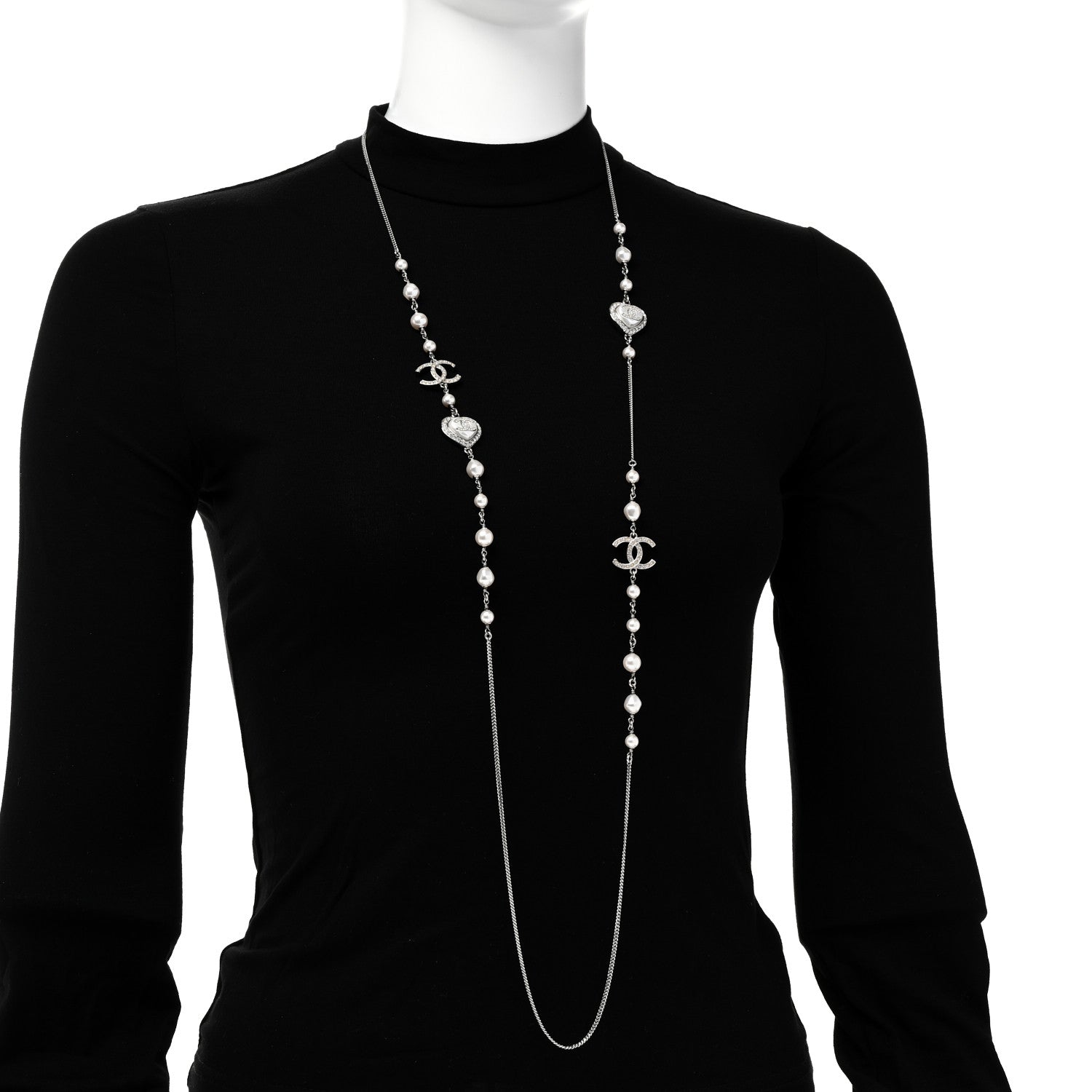 Chanel Pearl Crystal CC Heart Necklace Silver Pearly White 2 of 6