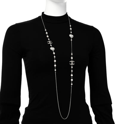 Chanel Pearl Crystal CC Heart Necklace Silver Pearly White 2 of 6
