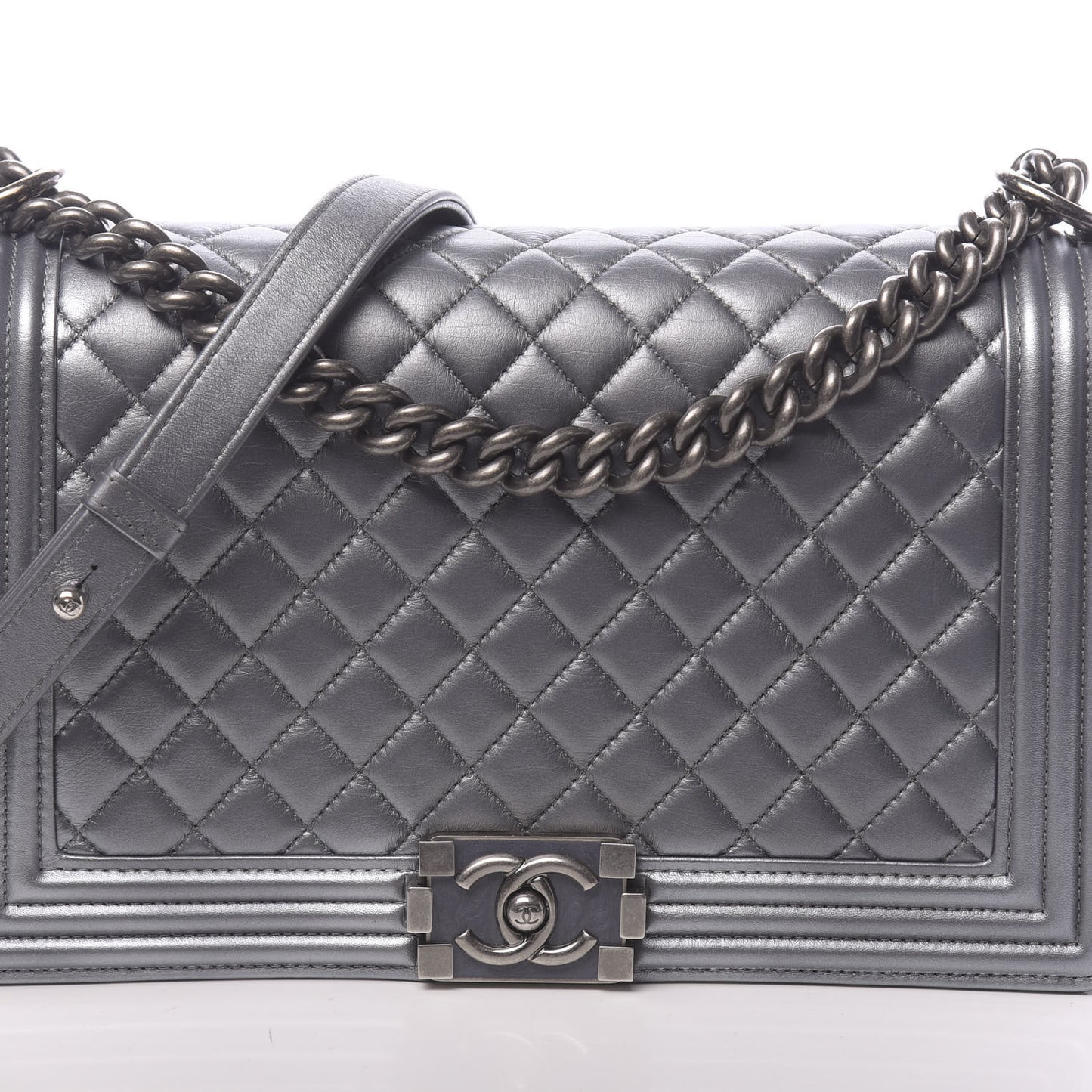 Metallic Calfskin Quilted New Medium Boy Flap Dark Silver