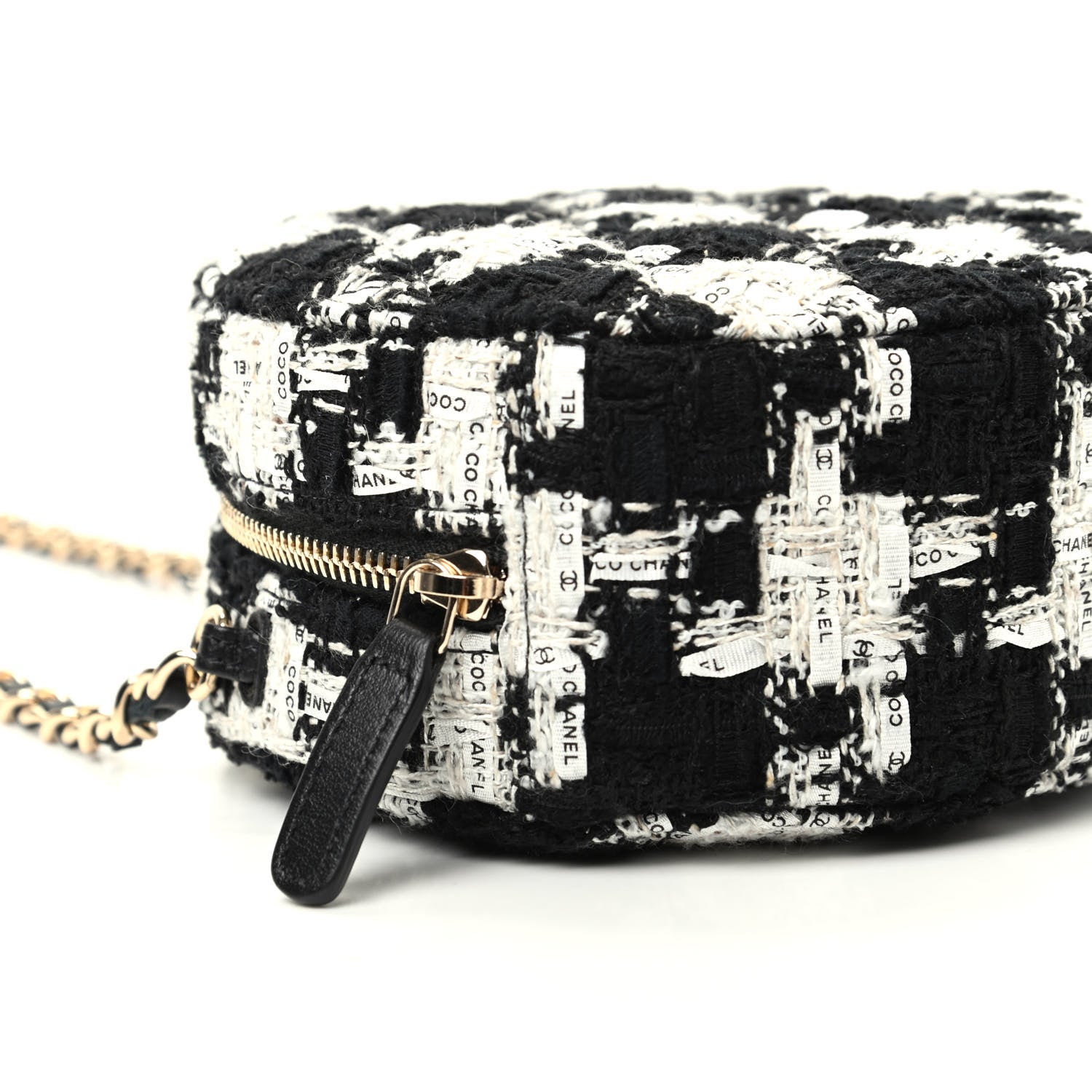 Chanel Tweed Quilted Round Clutch With Chain Black Ecru White 6 of 9