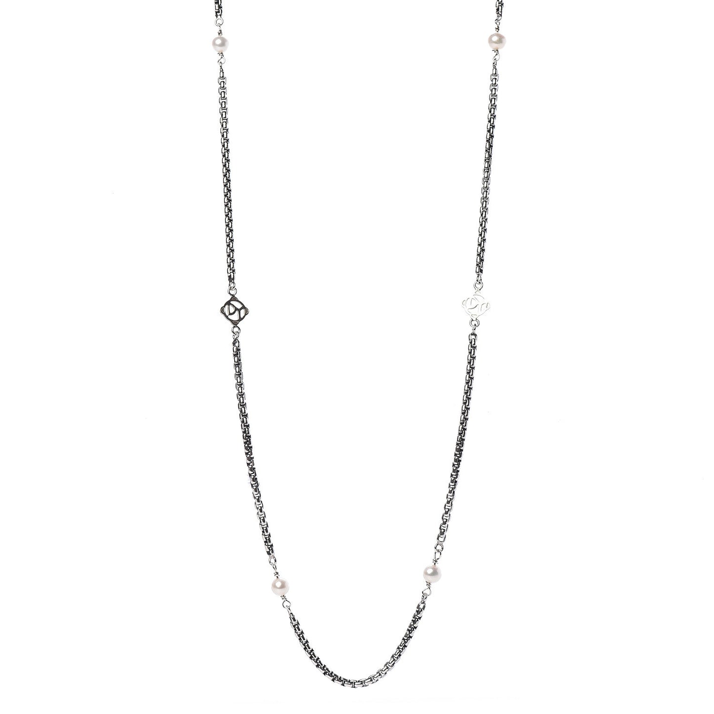Sterling Silver 14K Yellow Gold Pearl Logo Station Necklace 32"