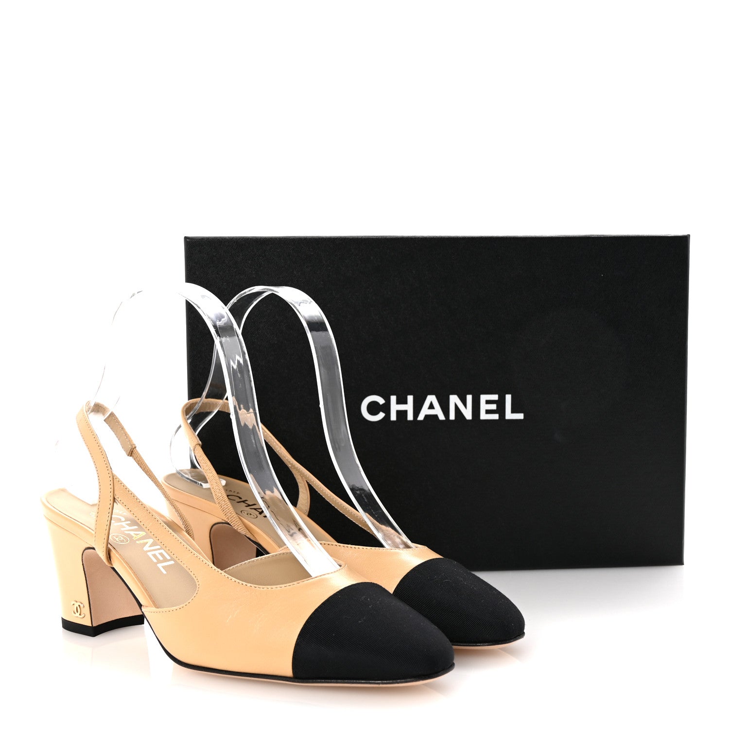 Chanel Goatskin Grosgrain Cap Toe CC Slingback Pumps 37 Beige Black 10 of 10