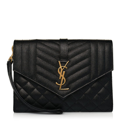 Saint Laurent Grain De Poudre Textured Mixed Matelasse Triquilt Monogram Clutch Black 1 of 13