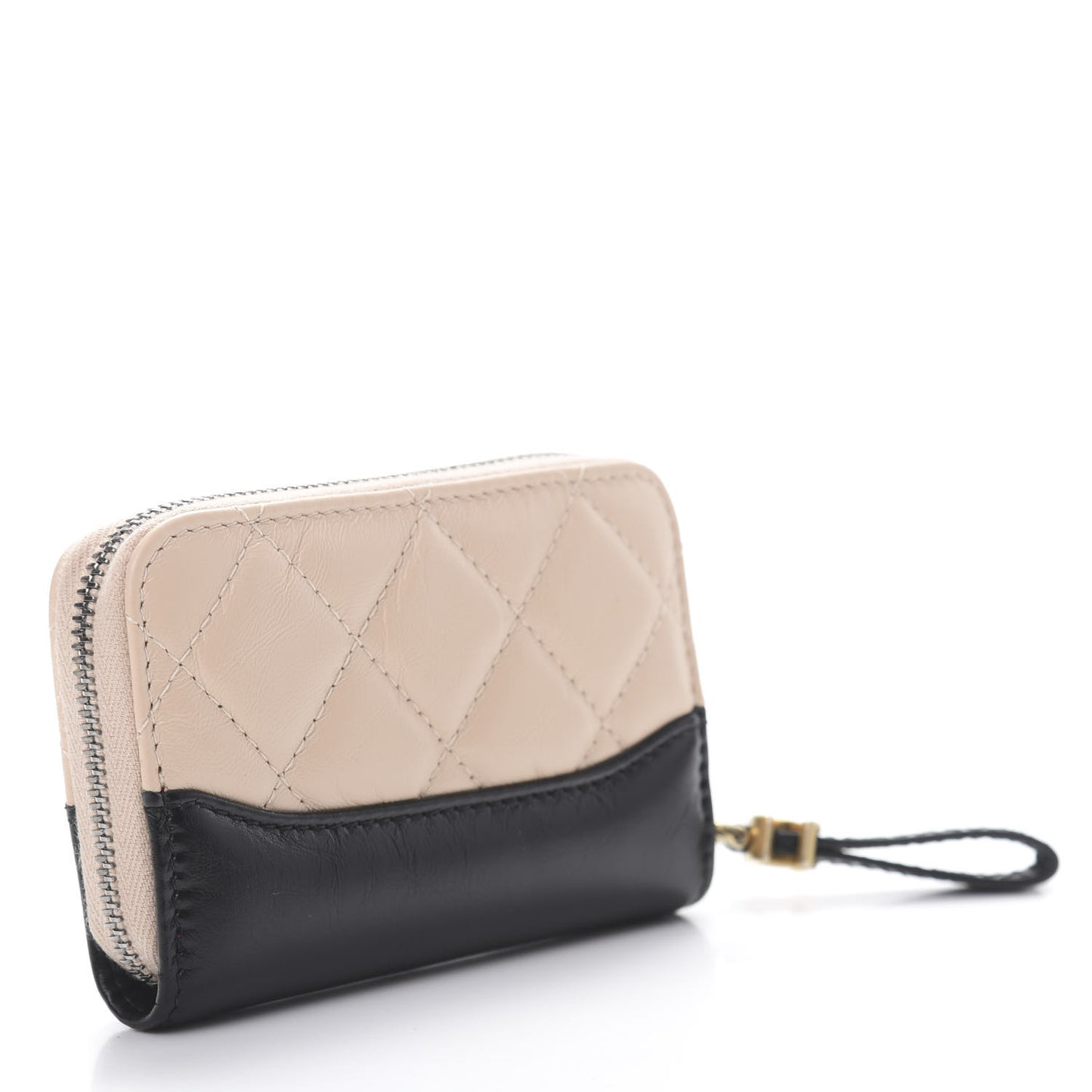 Aged Calfskin Quilted Gabrielle Zip Around Coin Purse Wallet Beige Black