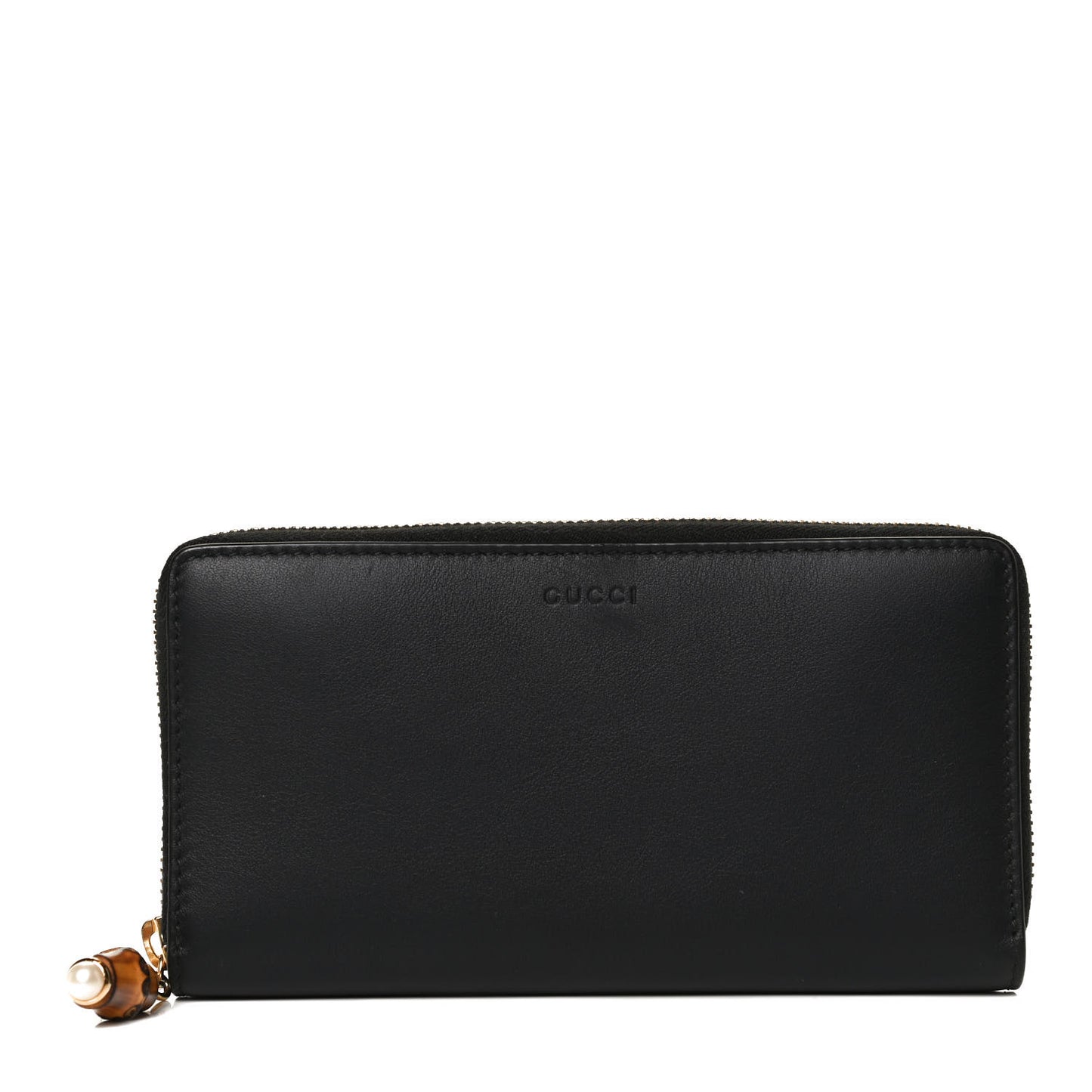Calfskin Bamboo Round Zip Long Wallet Black