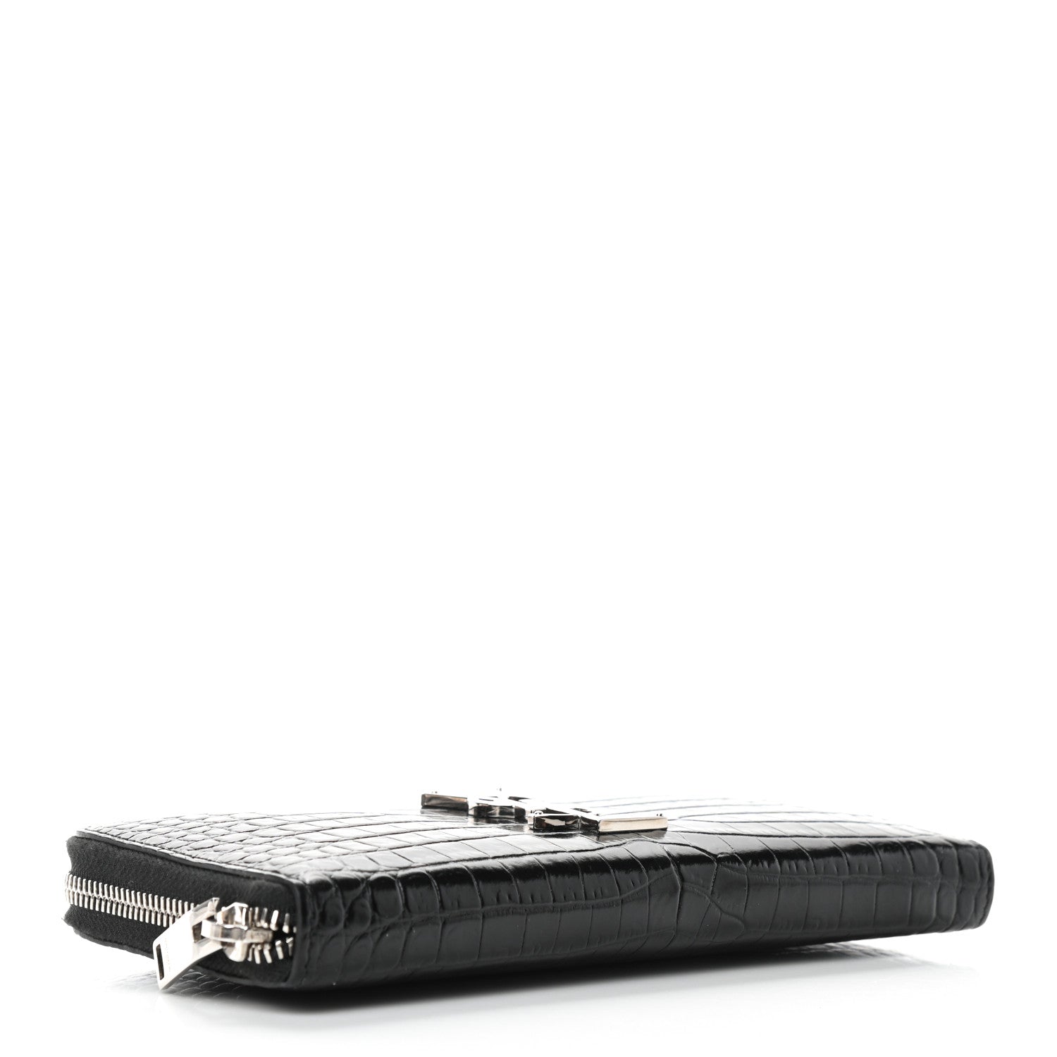 Saint Laurent Calfskin Crocodile Embossed Monogram Zip Around Wallet Black 4 of 7