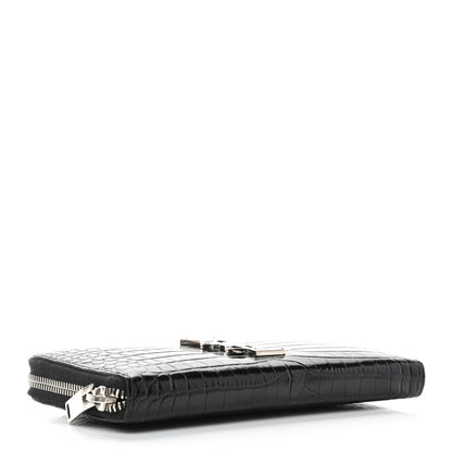 Saint Laurent Calfskin Crocodile Embossed Monogram Zip Around Wallet Black 4 of 7