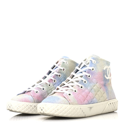Chanel Printed Fabric Quilted High Top Sneakers 38 Green Pink Blue White 4 of 8