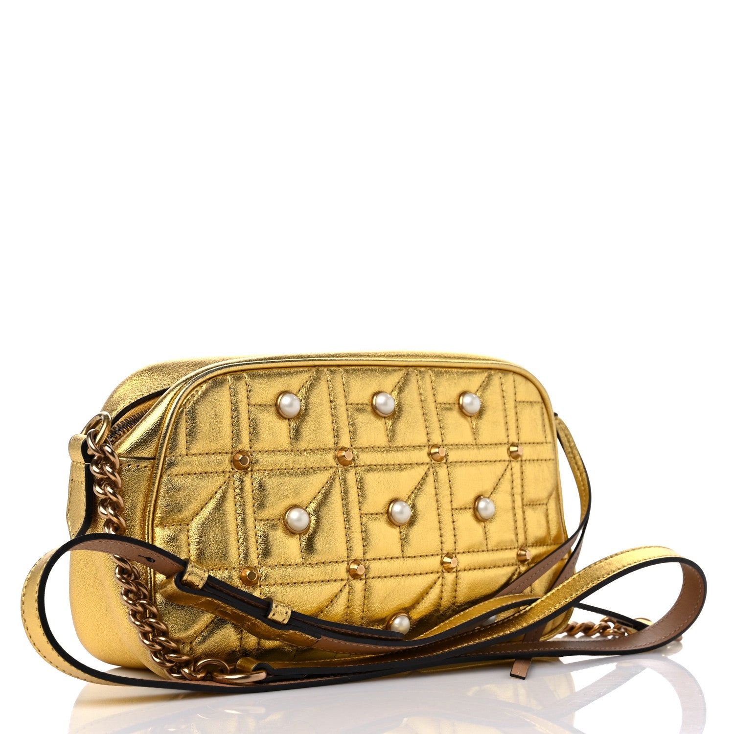 Gucci Metallic Calfskin Matelasse Studded Small Pearly GG Marmont Chain Shoulder Bag Gold 3 of 9