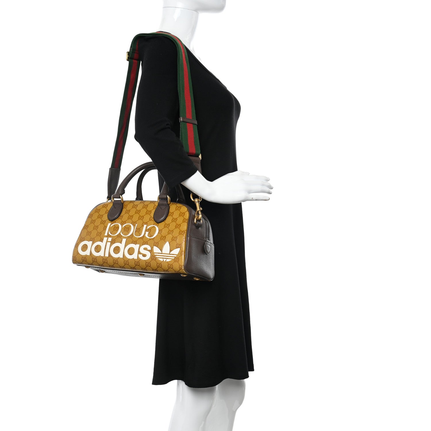 Gucci X ADIDAS Crystal Vintage Monogram Textured Dollar Calfskin Web Trefoil Logo Mini Bowling Bag Mid Natural Nut Off White New Acero 2 of 14