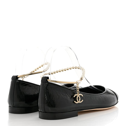 Chanel Lambskin Patent Calfskin Cap Toe Ankle Chain Ballerina Flats 37 Black 4 of 9