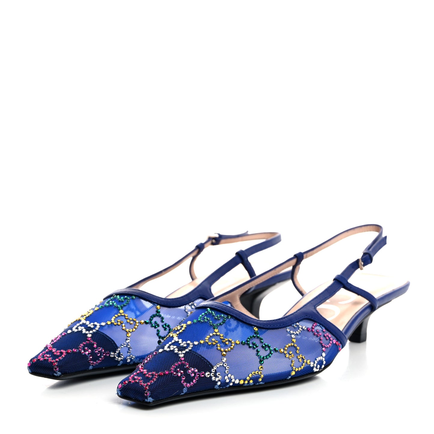 Tela Retino Nappa Charlotte Crystal GG Monogram Square G 35mm Slingback Pumps 37.5 Splash Net Blue Witch
